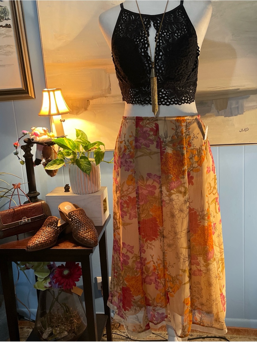 Requirements Floral Sheer Maxi Skirt in Peach, Orange & Pink
